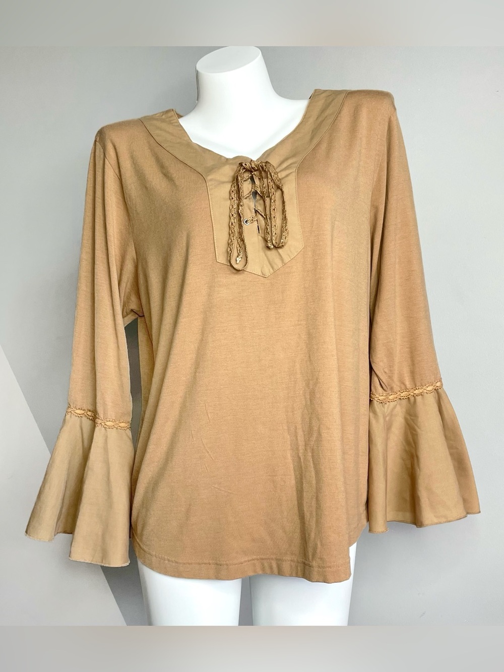 Tan Boho Lace-Up Bell Sleeve Top